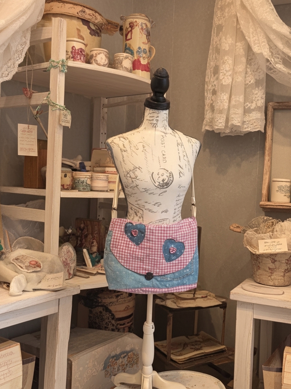 Pink Gingham Crossbody Bag with Blue Heart Accents